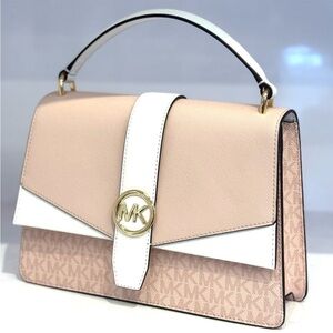 Michael Kors Greenwich Medium Signature Logo Satchel Bag Powder Blush Multi